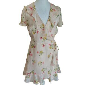 LUSH True Wrap Dress NWT Floral Ruffle Peach Pink Green Lined Textured Size 8